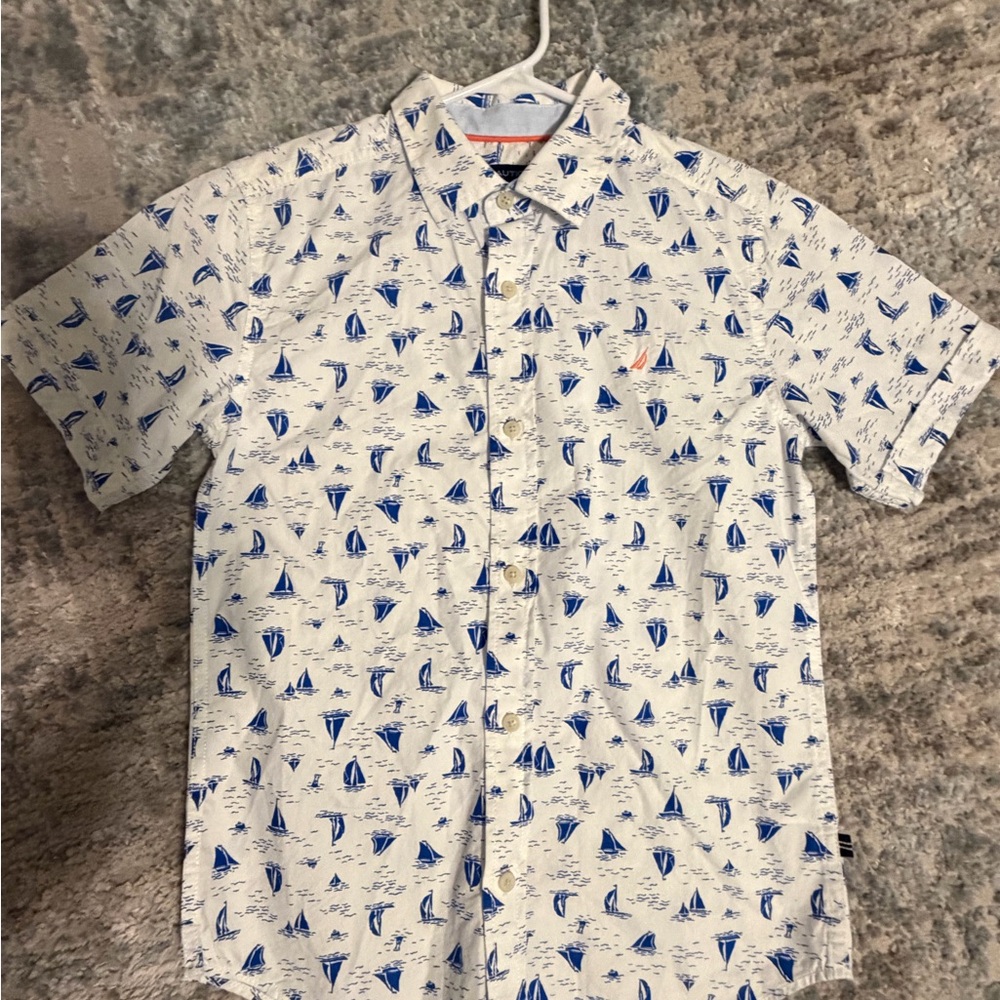 Nautica Men's Casual White and Blue Sailboat Shirt